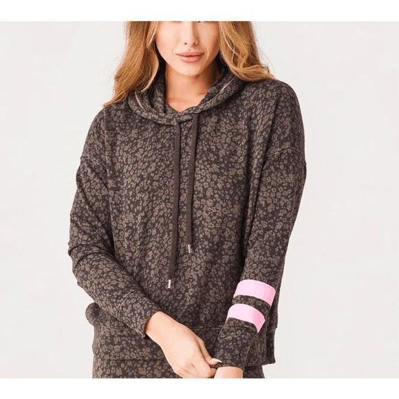 NEW! Sundry Teddy Striped Floral Hoodie Brown w/Pink Arm Stripes Size Medium (2) - Picture 1 of 13